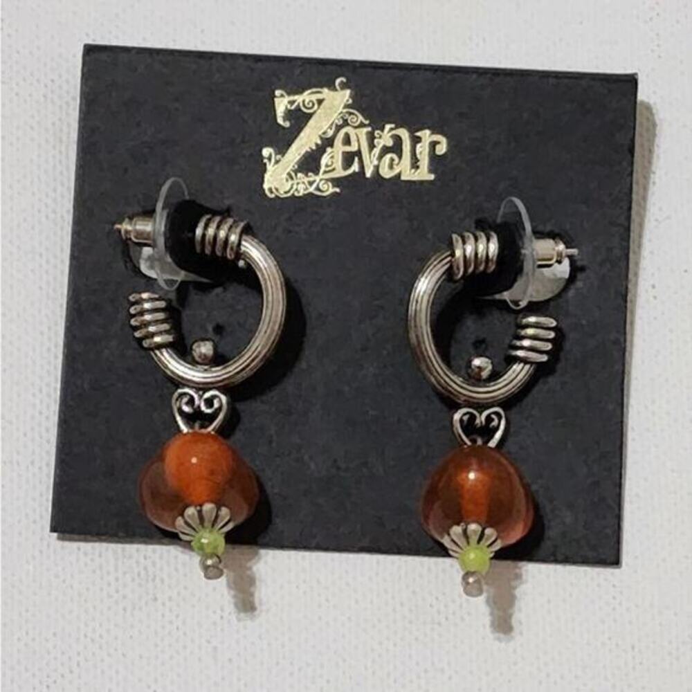 Treska Zevar Artisan Silver Hoop Drop Earrings Amber Glass Bead Heart Detail New